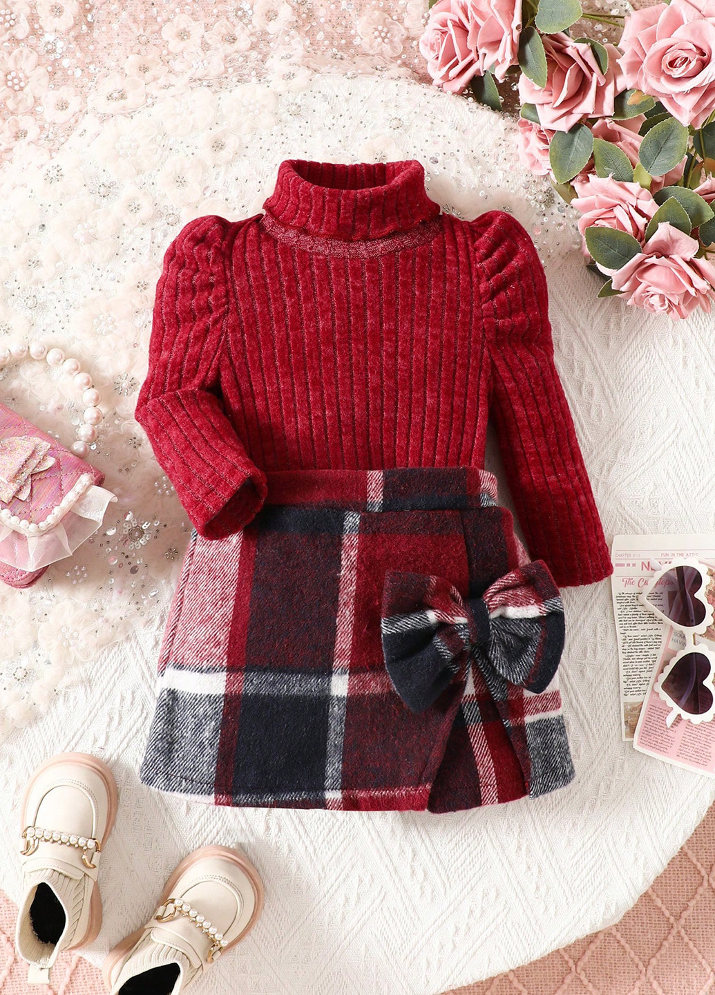 Бордовий демісезонний комплект (гольф, спідниця-шорти) SHEIN