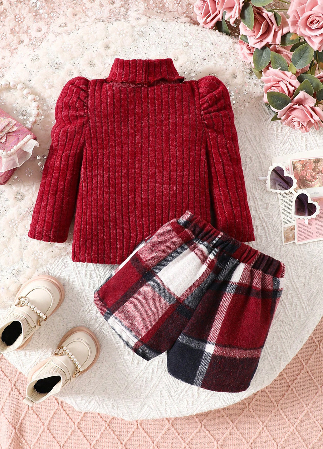 Бордовий демісезонний комплект (гольф, спідниця-шорти) SHEIN