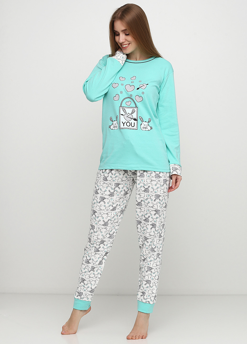 Бирюзовая всесезон пижама (лонгслив, брюки) лонгслив + брюки Rinda Pijama