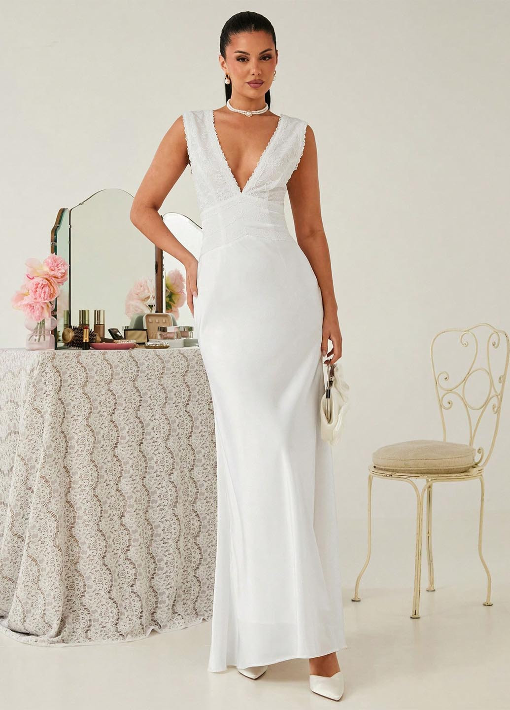 Білий вечірня сукня годе, з відкритою спиною SHEIN однотонна