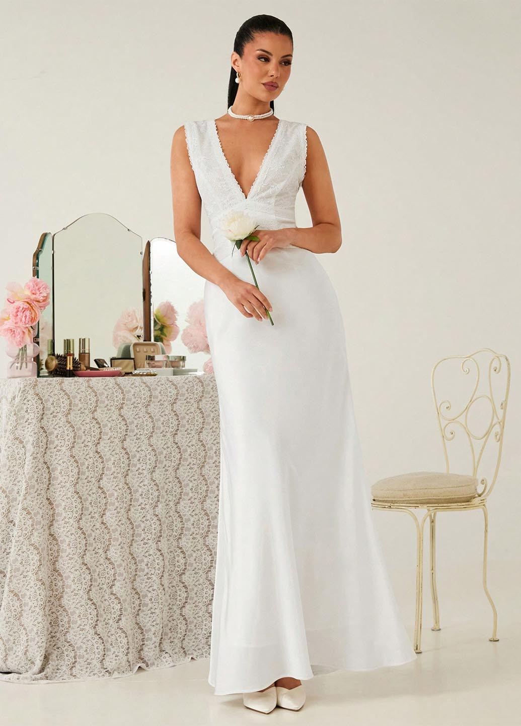 Білий вечірня сукня годе, з відкритою спиною SHEIN однотонна