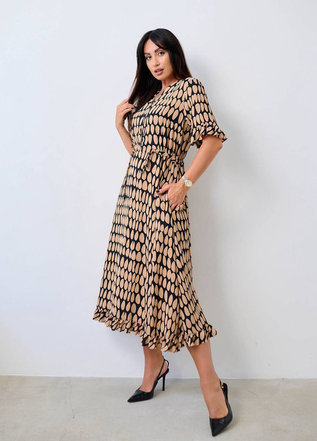 Бежева кежуал сукня кльош LibeAmore з абстрактним візерунком