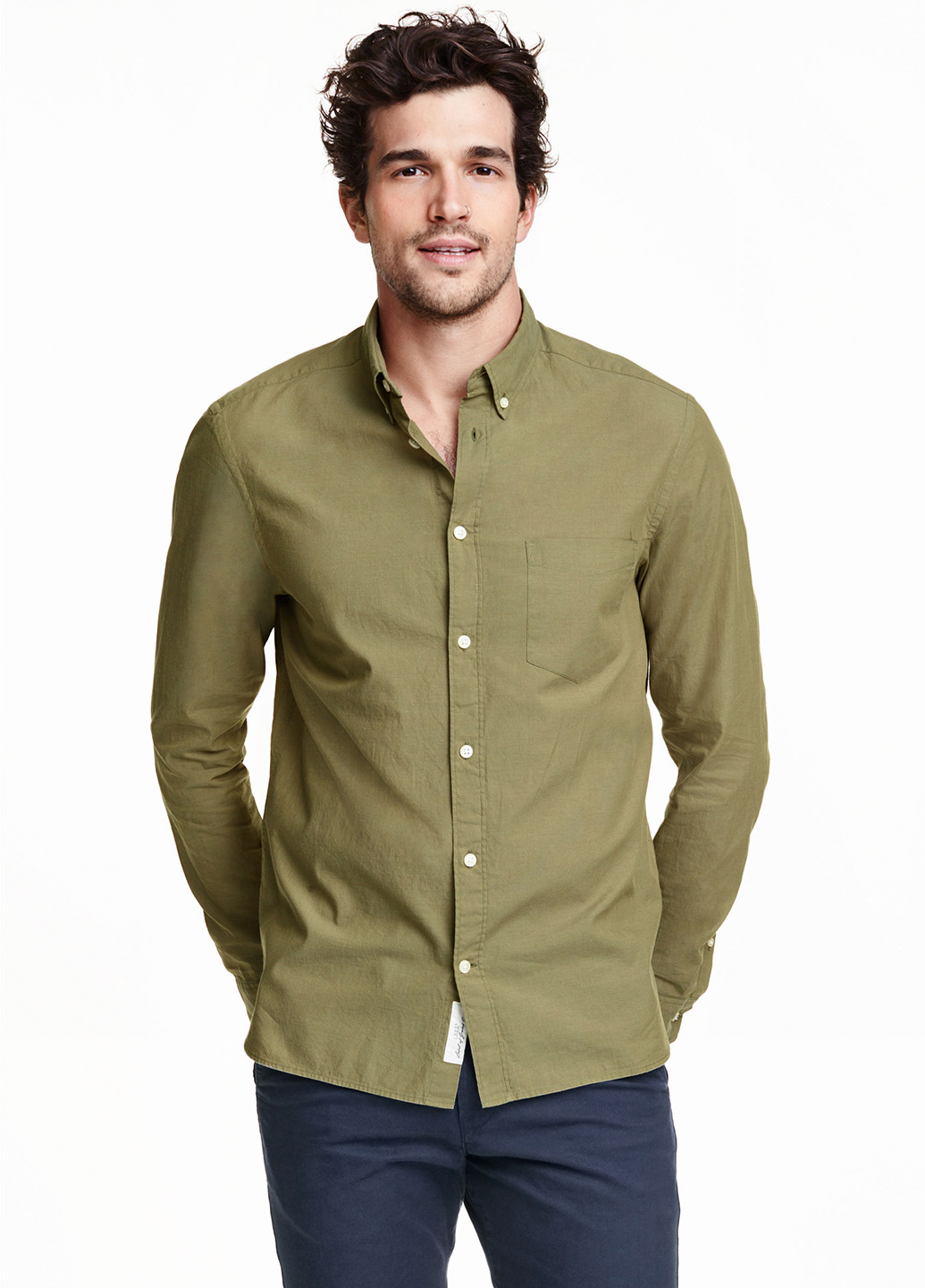 Оливковковая (хаки) кэжуал рубашка H&M с длинным рукавом