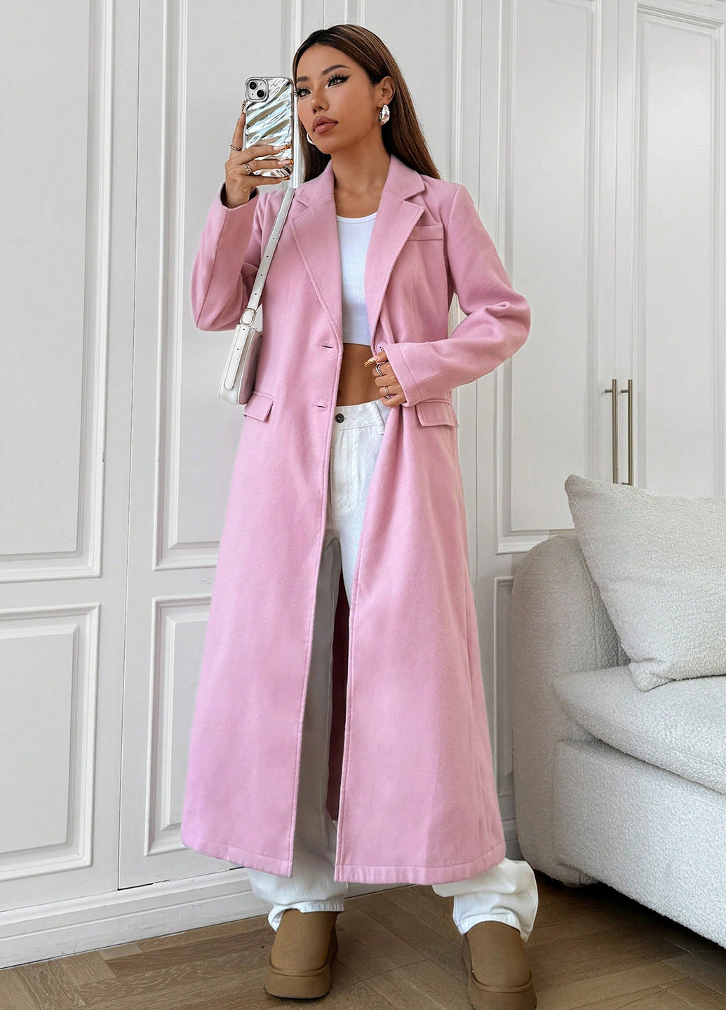 Рожеве зимнє Пальто однобортне SHEIN