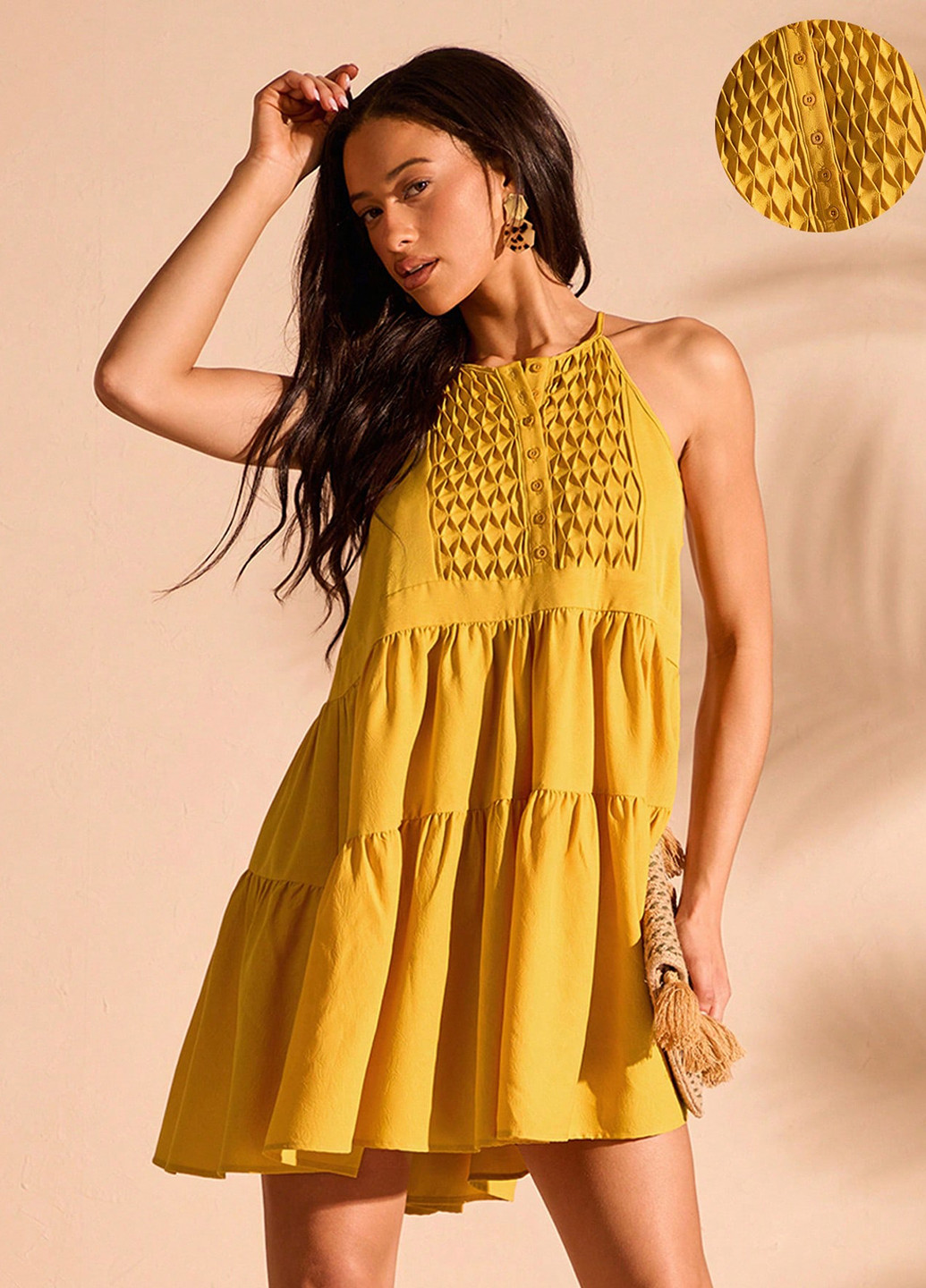 Жовтий кежуал сукня кльош, а-силует SHEIN однотонна