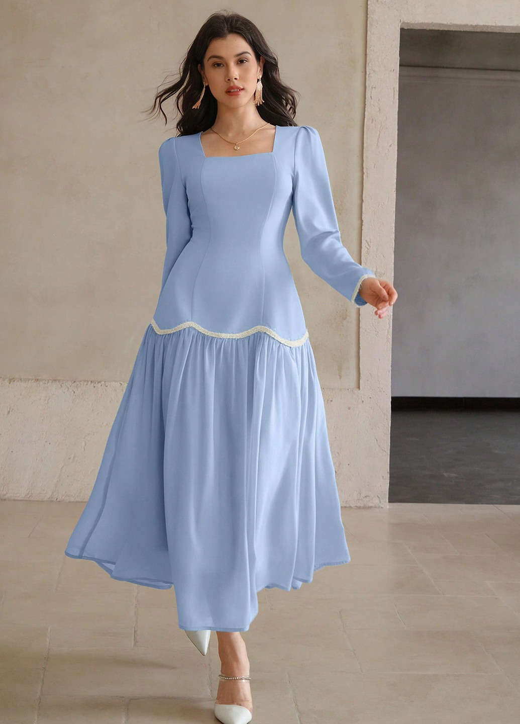 Голубое кэжуал платье а-силуэт SHEIN однотонное