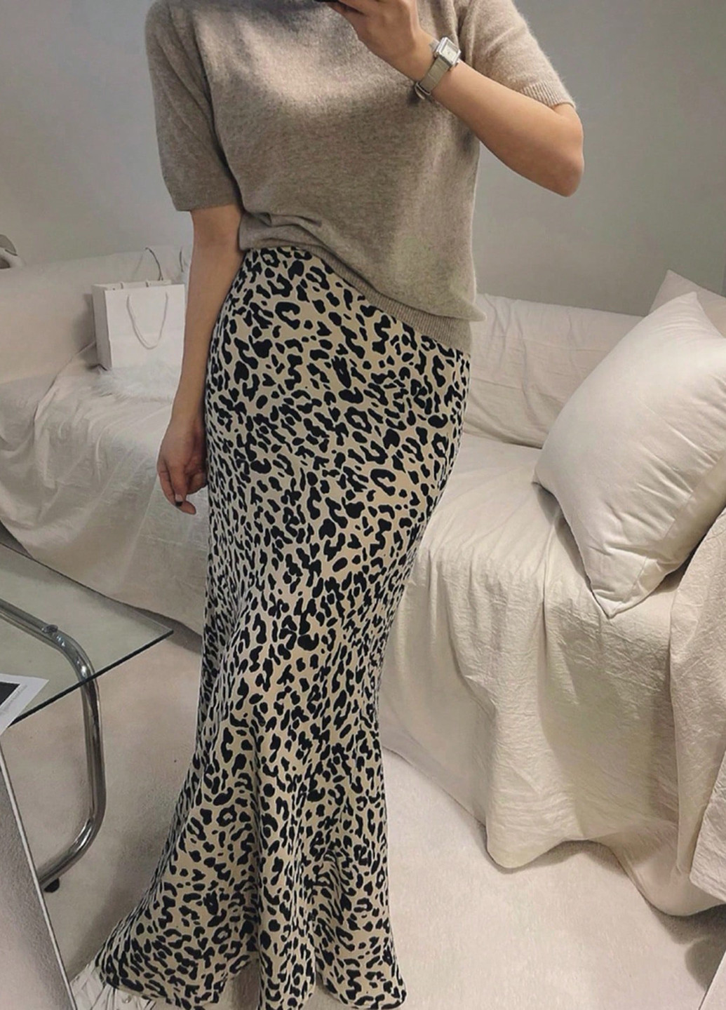 Бежевая кэжуал леопардовая юбка SHEIN годе