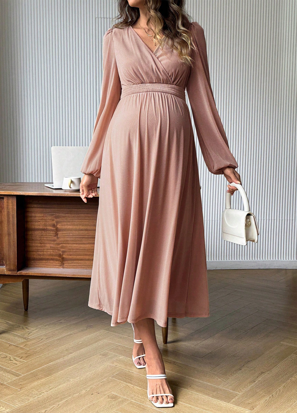 Розово-коричневое праздничный, вечернее, кэжуал платье в стиле ампир SHEIN однотонное