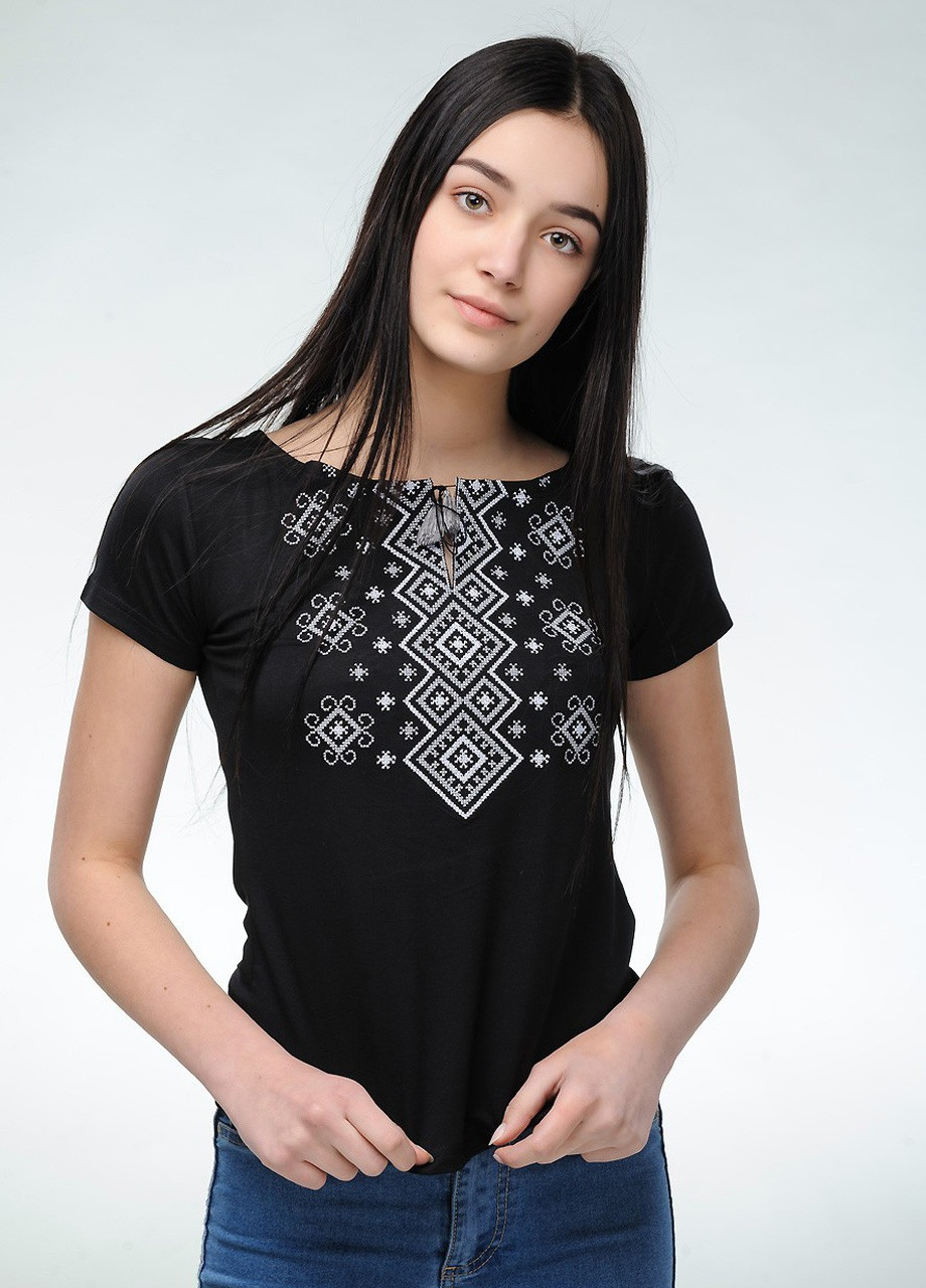 Жіноча вишита футболка Карпатський орнамент чорна з сірим Melanika (250206193)