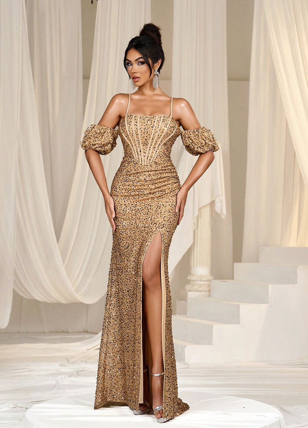 Темно-бежевое вечернее платье годе SHEIN однотонное