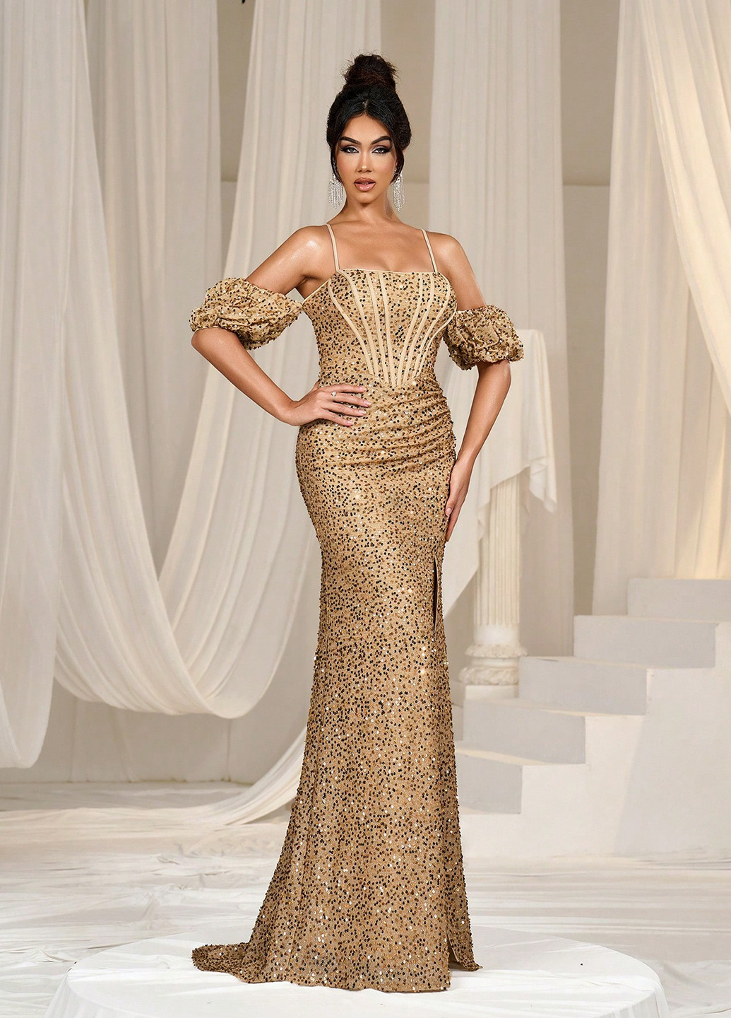 Темно-бежевое вечернее платье годе SHEIN однотонное