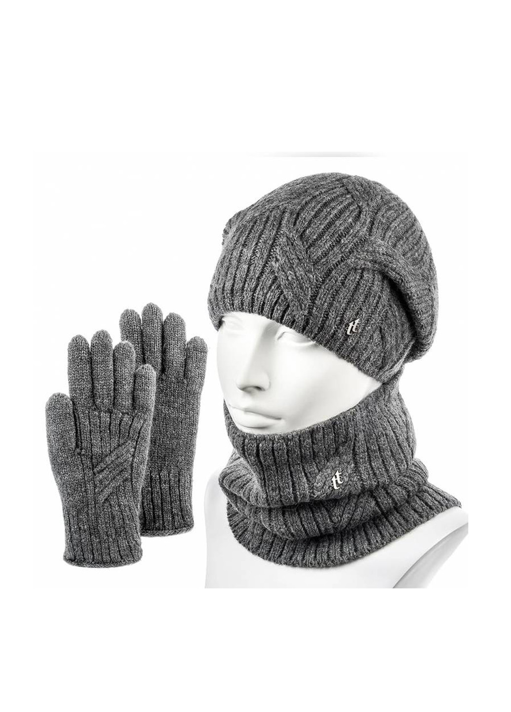 Темно-серый зимний комплект (шапка, шарф, перчатки) Hattson