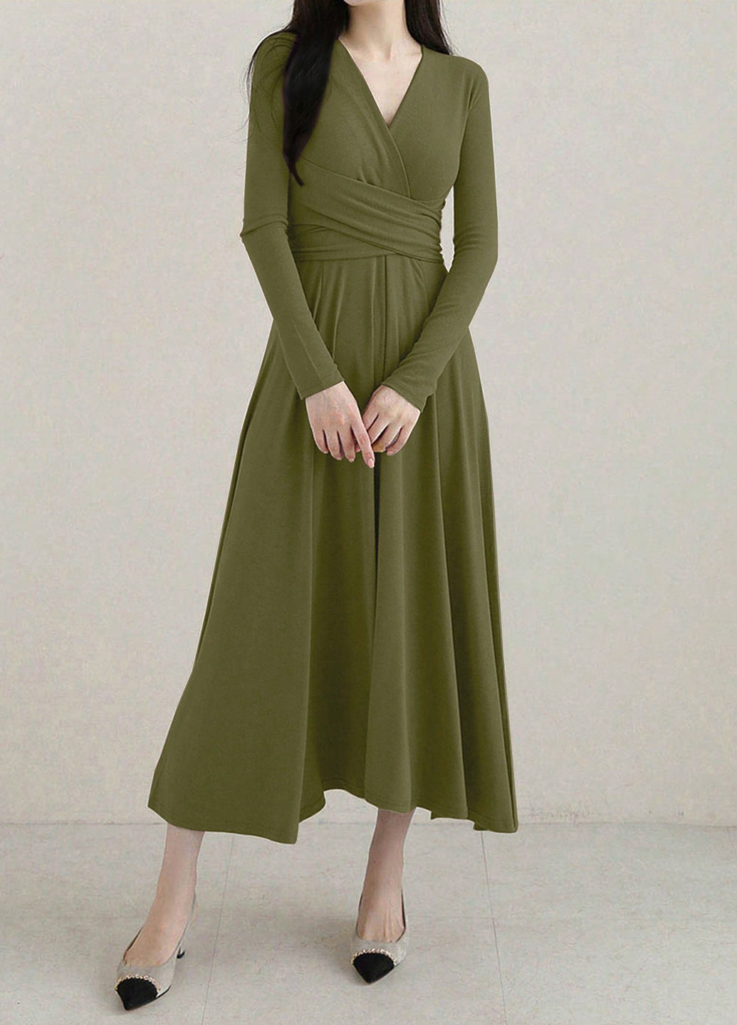 Оливковое кэжуал платье клеш SHEIN однотонное