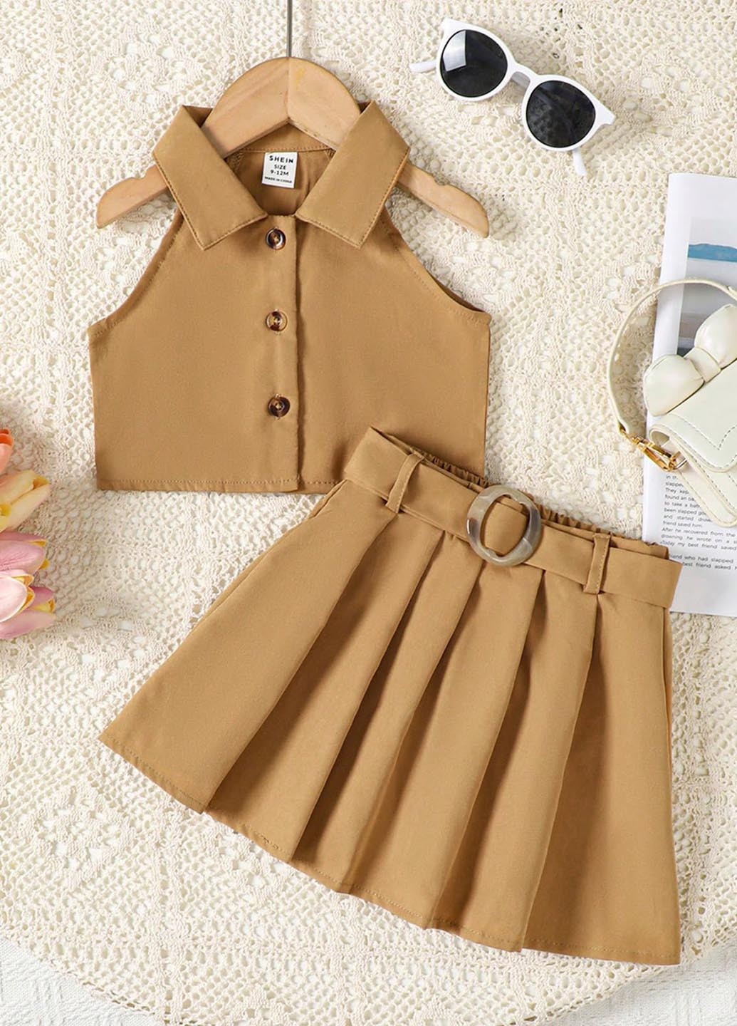 Темно-бежевий літній костюм (топ, спідниця) SHEIN