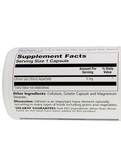Lithium Aspartate 5 mg 100 Caps SOR-04599 Solaray (256379964)