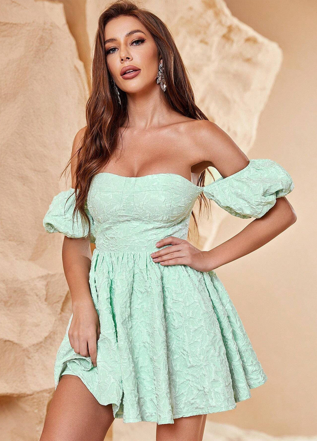 М'ятна коктейльна сукня кльош, з відкритою спиною, з відкритими плечима SHEIN однотонна
