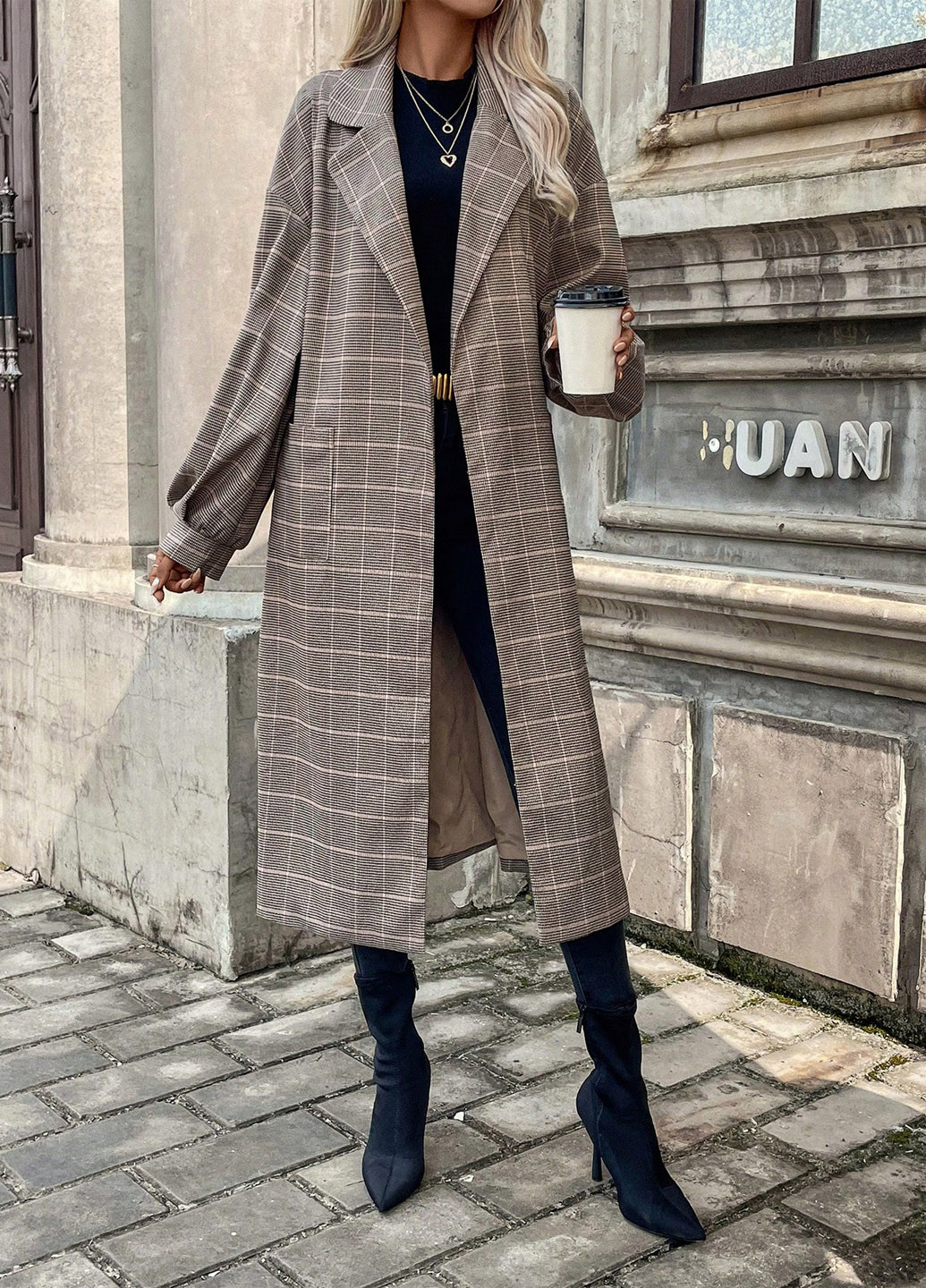 Сіро-бежеве демісезонне Пальто однобортне SHEIN