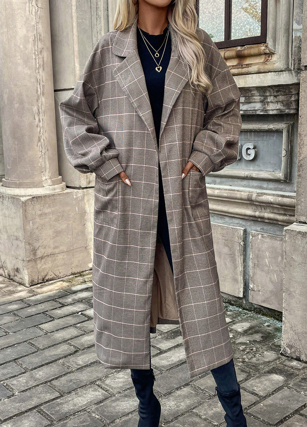 Сіро-бежеве демісезонне Пальто однобортне SHEIN