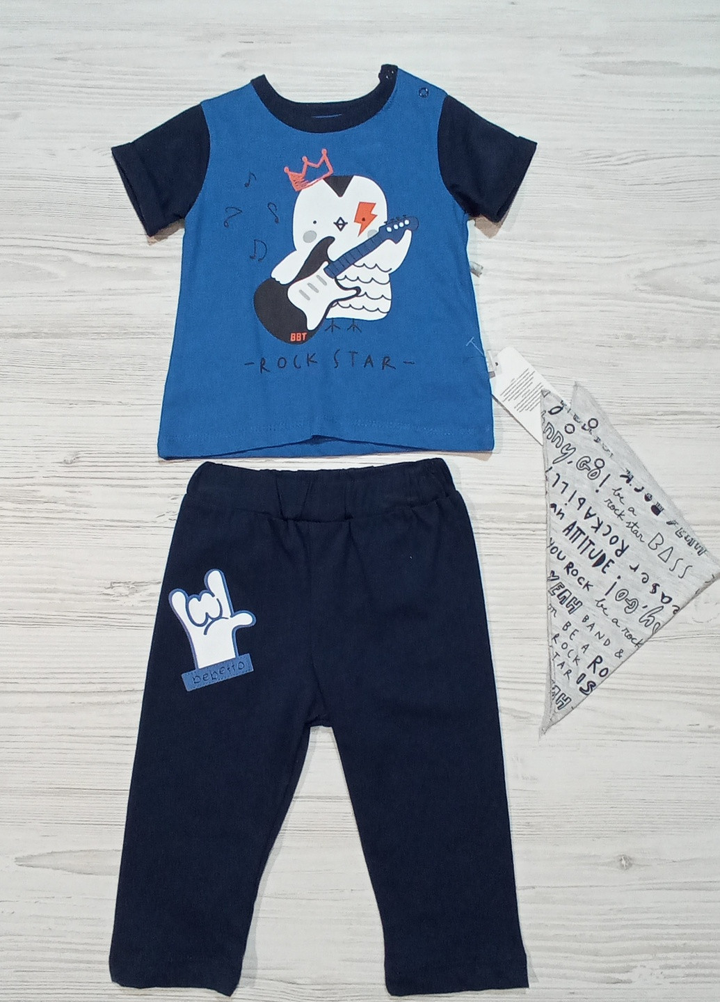 Синий летний костюм для мальчика лето, футболка + штаны и бандана Bebetto