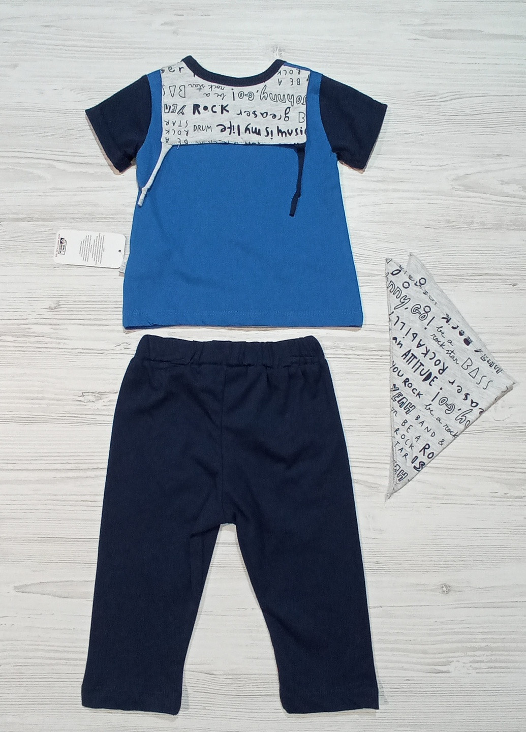 Синий летний костюм для мальчика лето, футболка + штаны и бандана Bebetto
