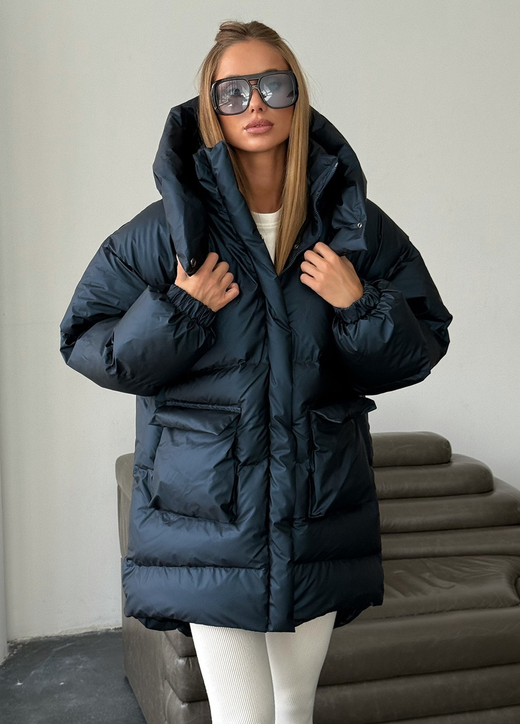 Темно-синій зимній Пуховик No Brand