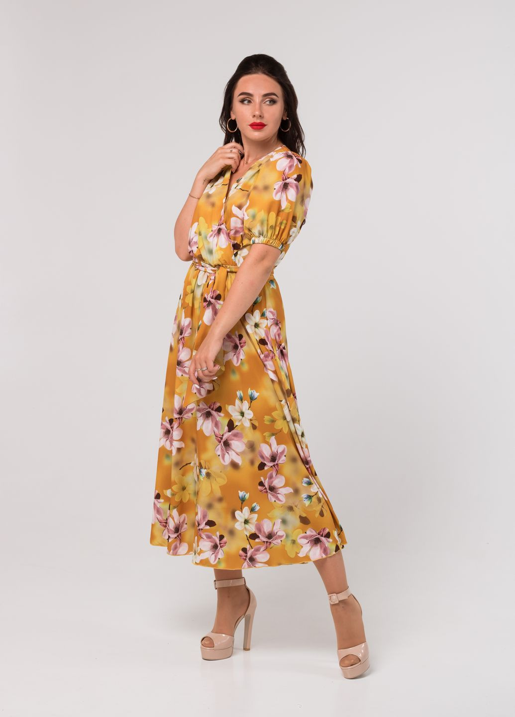 Горчичное кэжуал платье so-78210-msd с юбкой-солнце Alpama с цветочным принтом