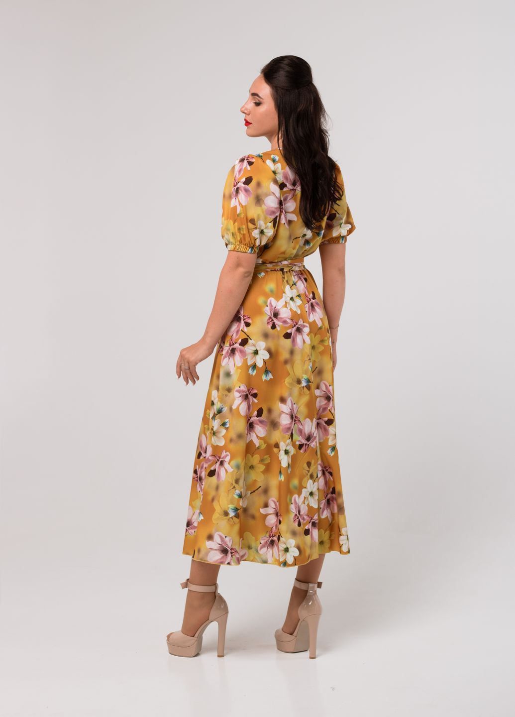 Горчичное кэжуал платье so-78210-msd с юбкой-солнце Alpama с цветочным принтом