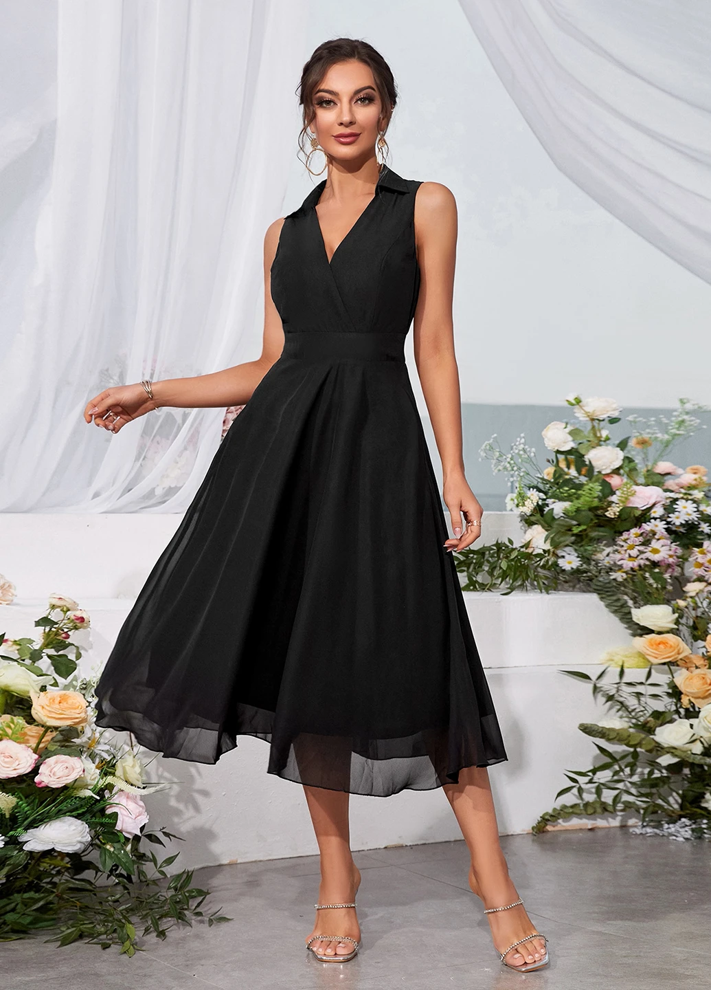 Черное коктейльное, вечернее платье а-силуэт SHEIN однотонное