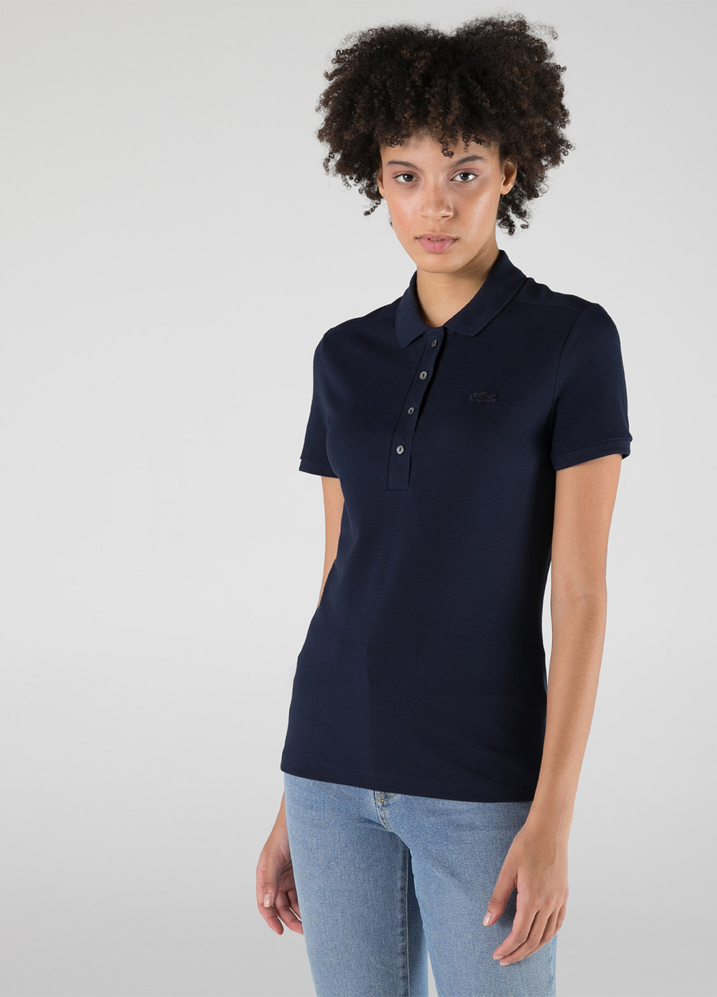 Темно-синяя женская футболка-поло Lacoste однотонная