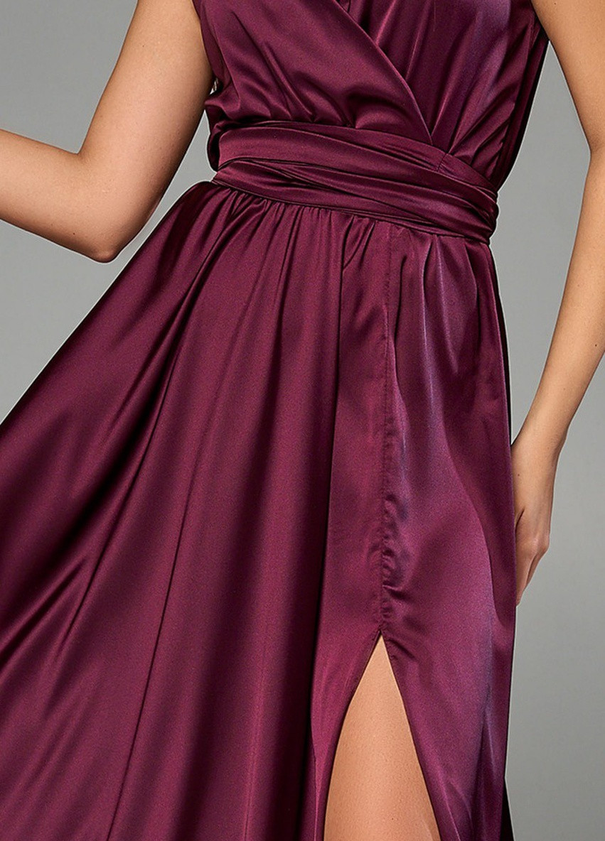 Темно-бордовое вечернее платье на запах, с юбкой-солнце, а-силуэт FashionYouWant однотонное