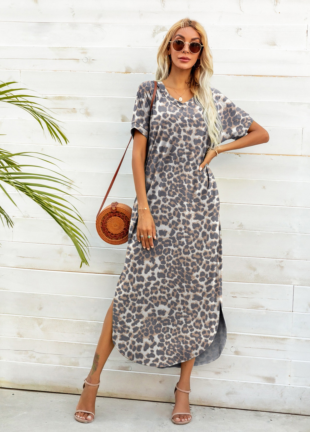 Сіро-коричнева кежуал сукня сукня-футболка, а-силует SHEIN леопардовий
