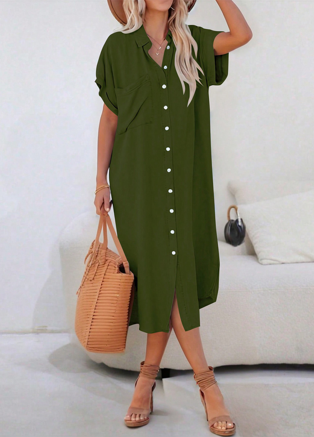 Темно-зеленое кэжуал платье рубашка SHEIN однотонное