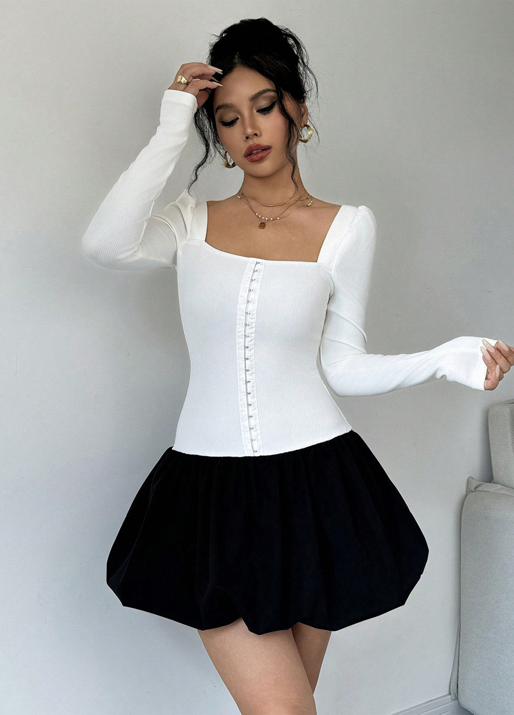 Черно-белое кэжуал платье баллон SHEIN однотонное