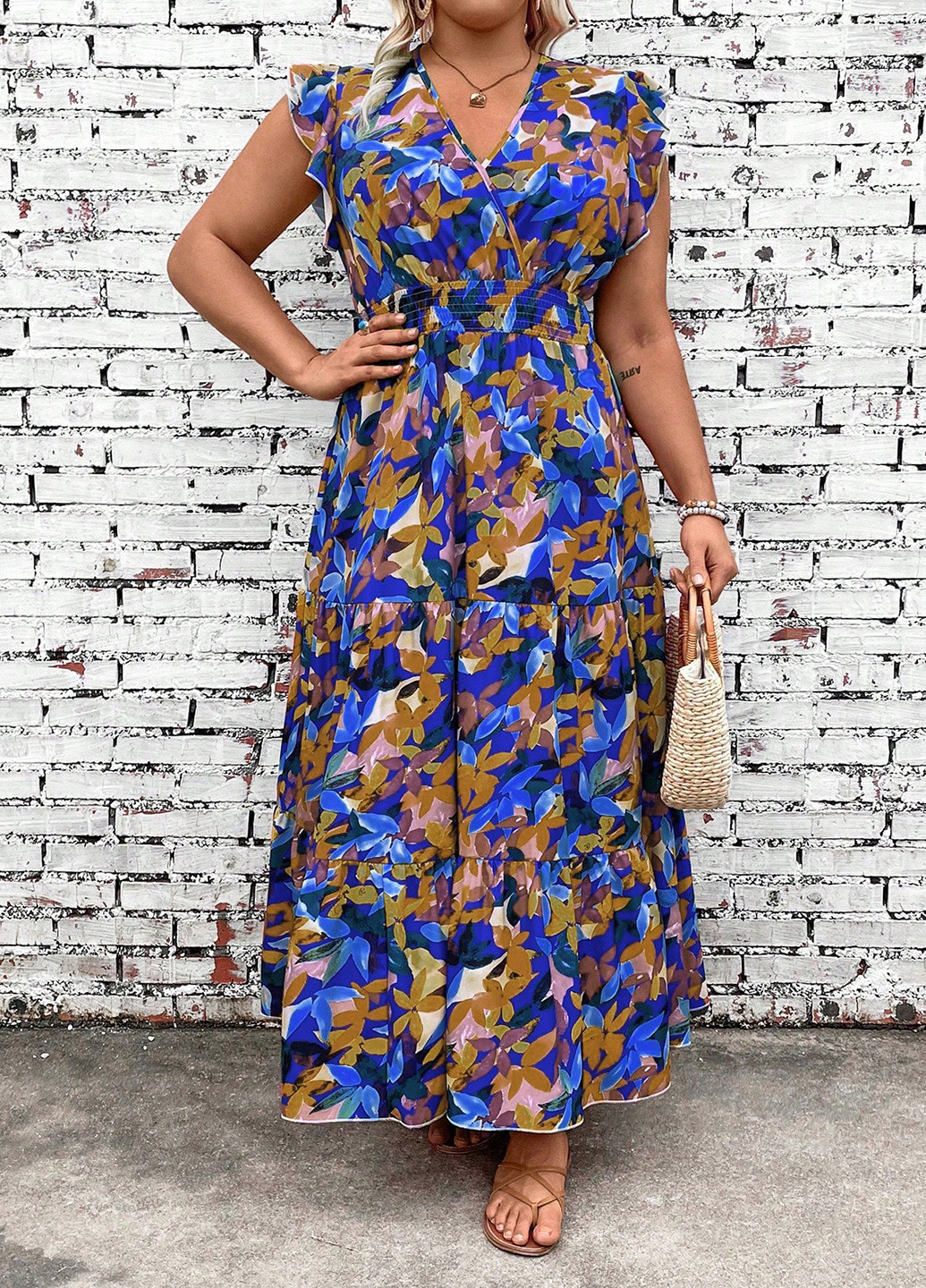 Синее праздничный, вечернее, кэжуал платье на запах, а-силуэт SHEIN с рисунком