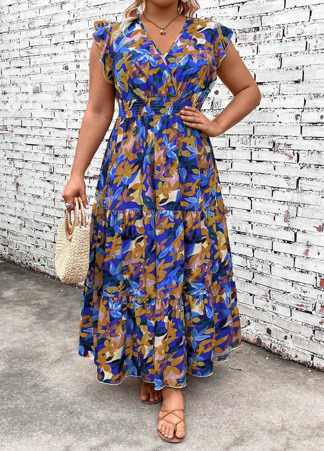 Синее праздничный, вечернее, кэжуал платье на запах, а-силуэт SHEIN с рисунком