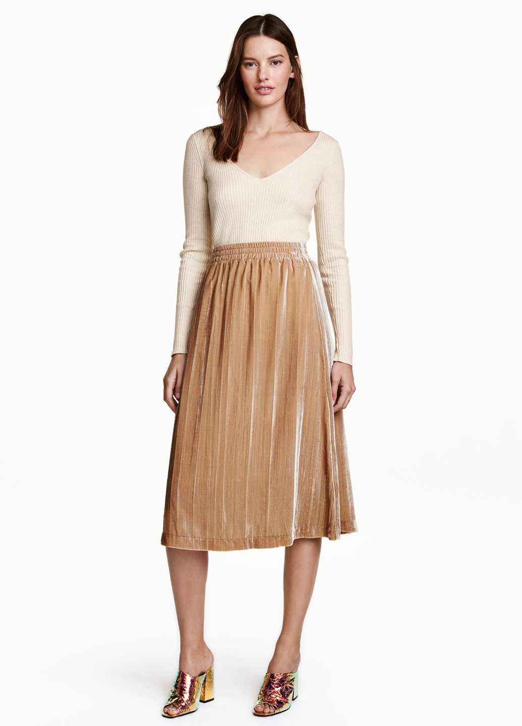 Светло-бежевая кэжуал однотонная юбка H&M плиссе, клешированная