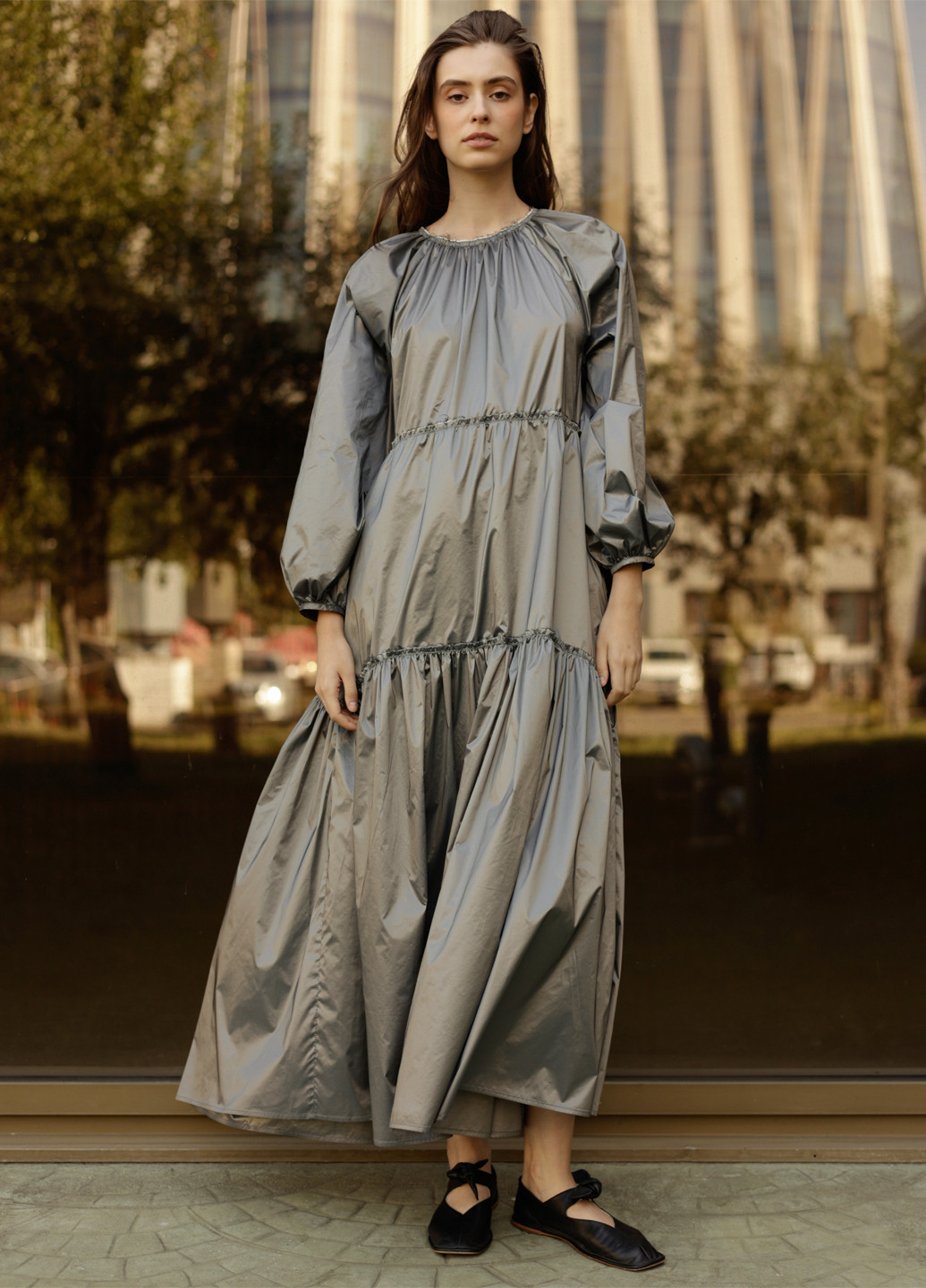 Серое кэжуал платье клеш WKMF однотонное