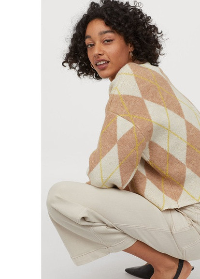 Бежевый демисезонный плотный свитер с принтом в ромбы бежевый H&M