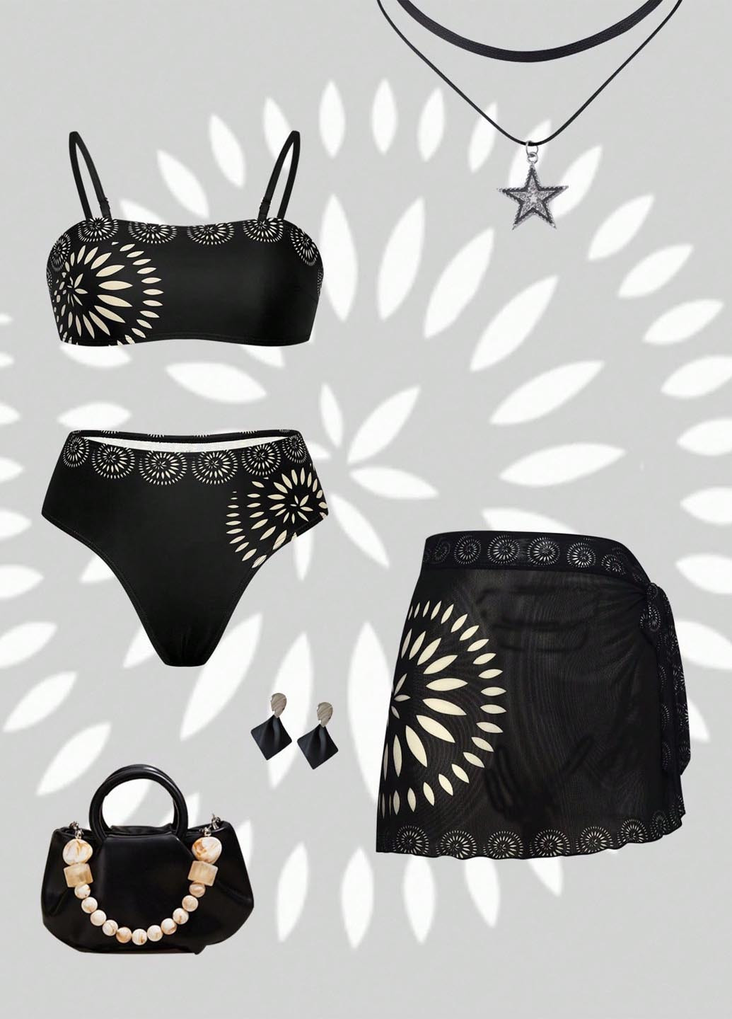 Черный летний купальник (лиф, трусики, юбка) топ, бандо, раздельный SHEIN