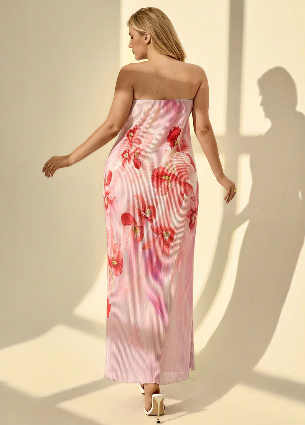 Рожево-лілова вечірня, пляжна, кежуал сукня годе, з відкритими плечима, з відкритою спиною, плісована SHEIN з квітковим принтом