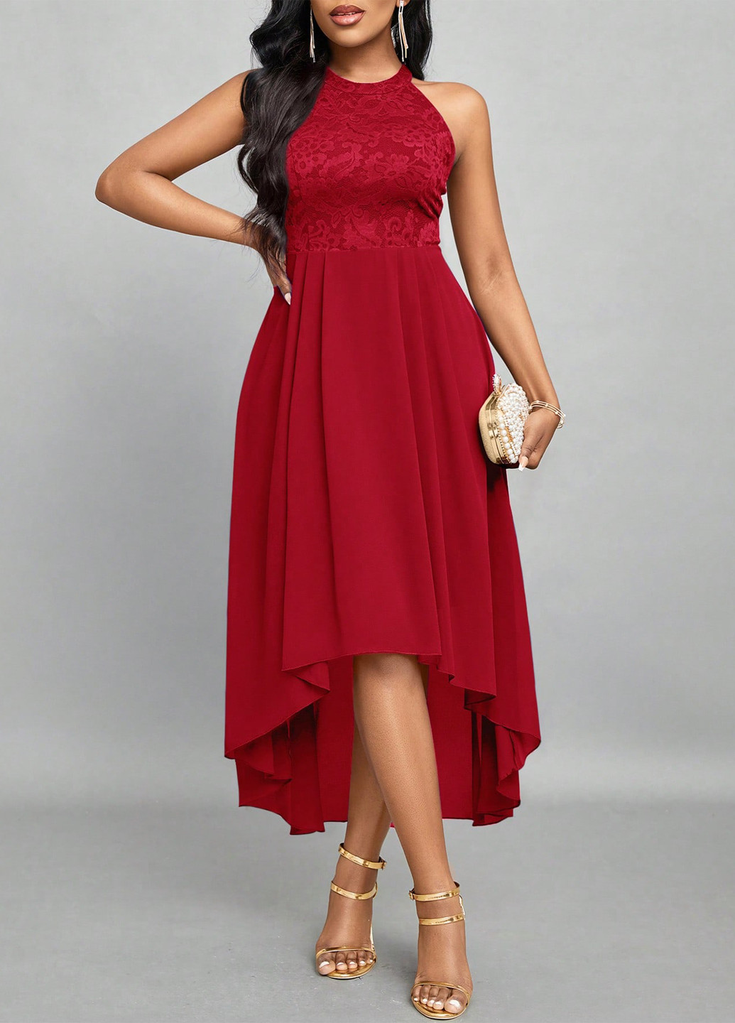 Красное вечернее платье с юбкой-солнце, в стиле ампир SHEIN однотонное