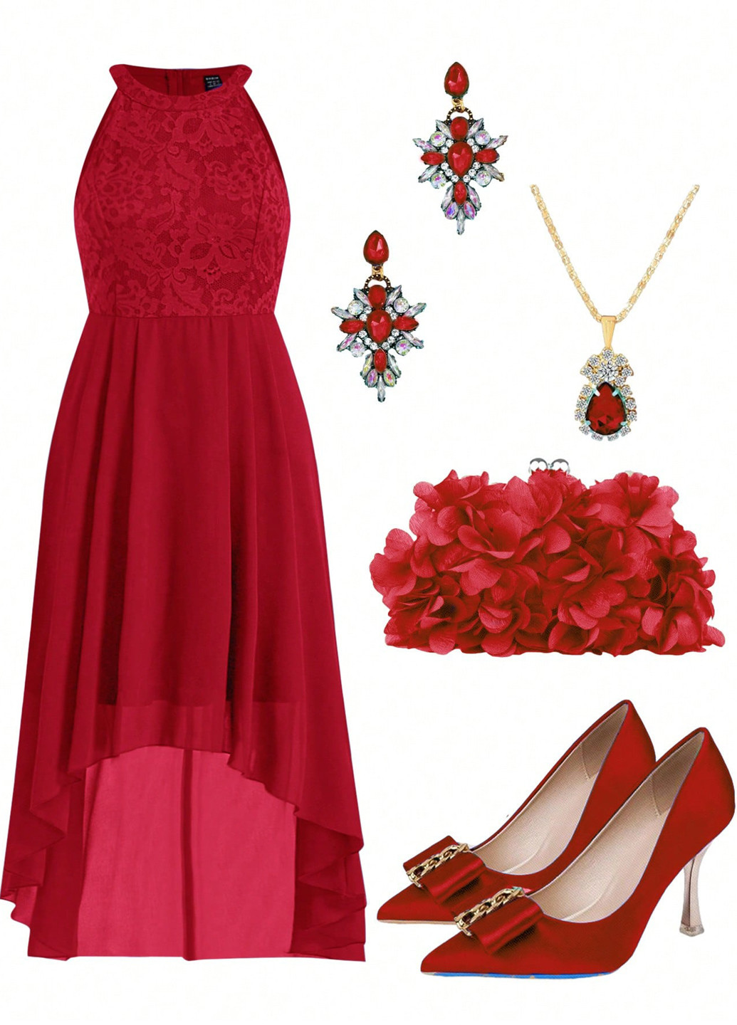 Красное вечернее платье с юбкой-солнце, в стиле ампир SHEIN однотонное