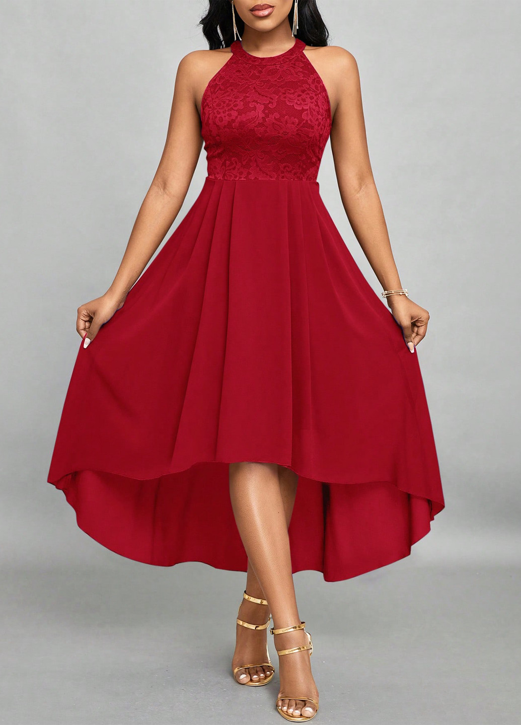 Красное вечернее платье с юбкой-солнце, в стиле ампир SHEIN однотонное