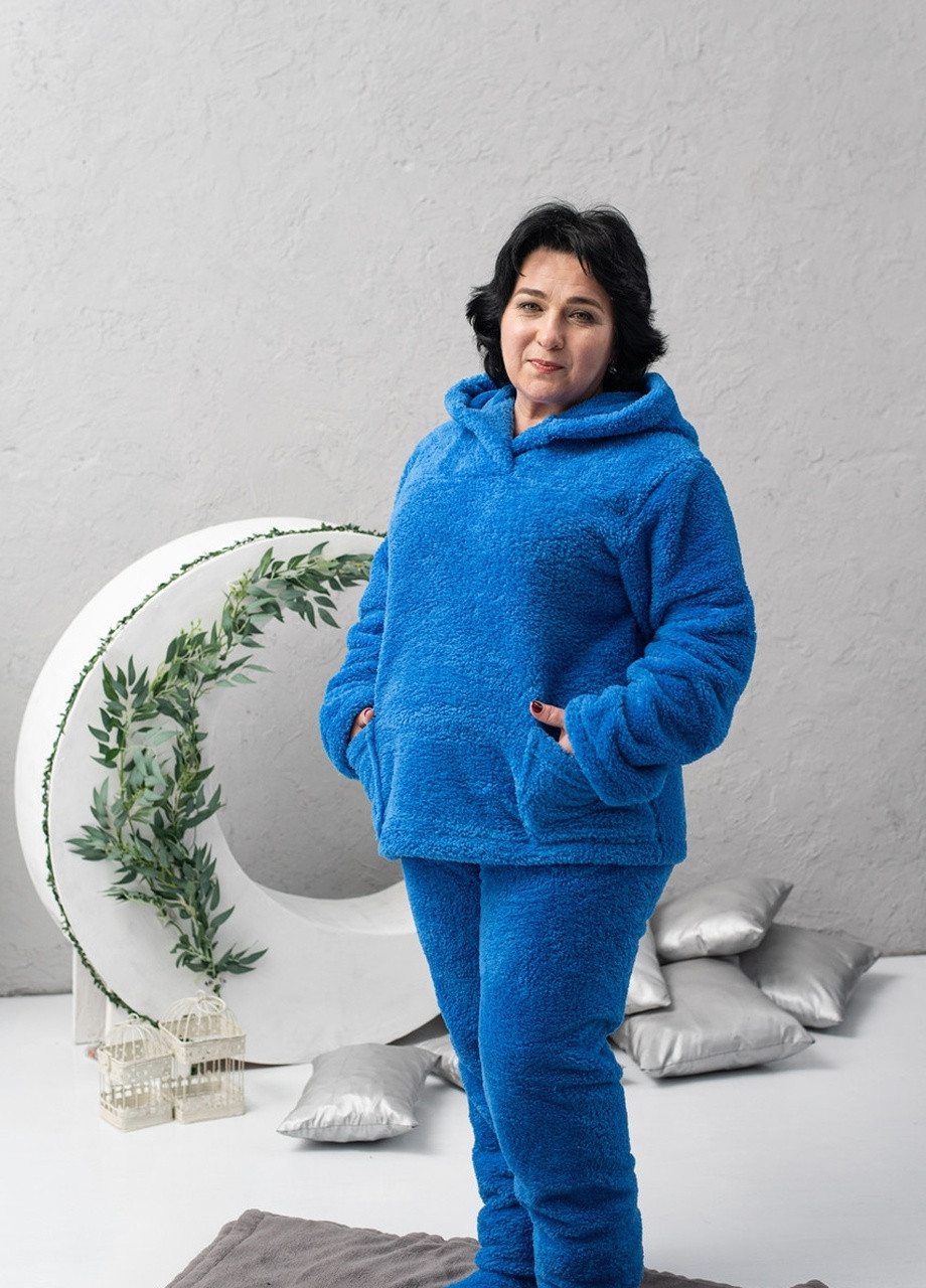 Голубая всесезон махровая женская пижама на зиму с карманами и капюшоном кофта + брюки V.O.G.
