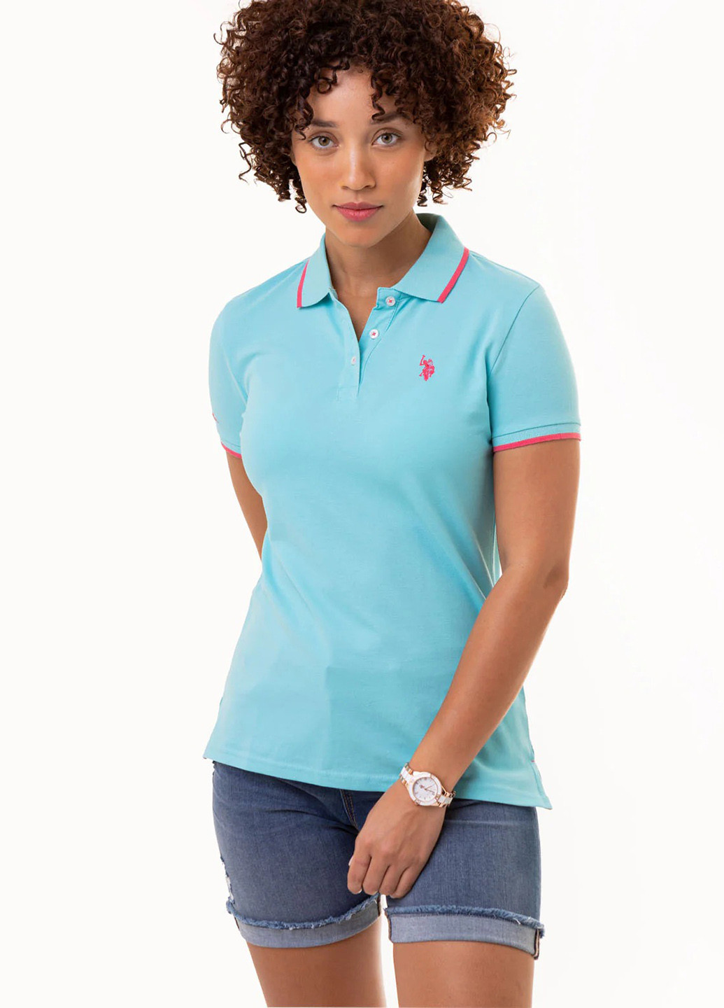 Голубой женская футболка-поло U.S. Polo Assn. однотонная