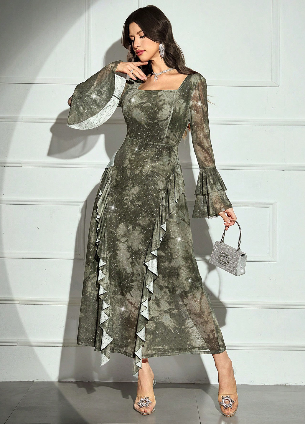 Сіро-зелена вечірня сукня з спідницею-сонце SHEIN тай-дай