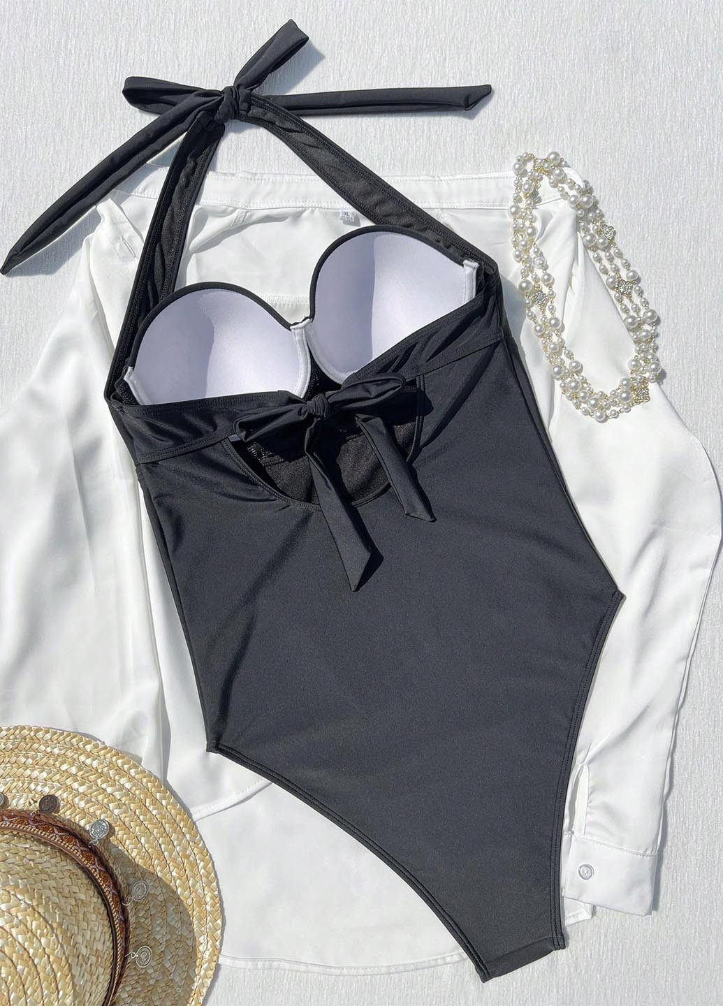 Черный летний купальник слитный, халтер SHEIN