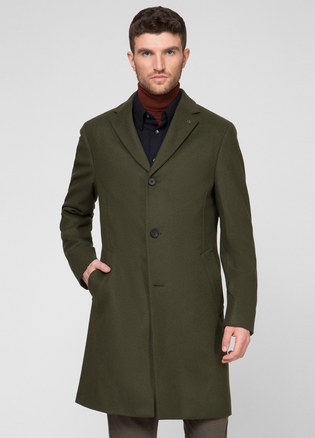 Оливковое (хаки) демисезонное Пальто однобортное Calvin Klein
