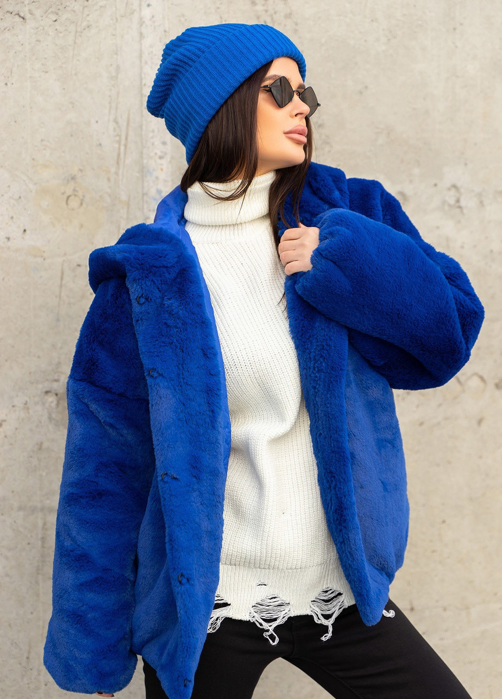 Синя зимня жіноча куртка зі шутчного хутра з капюшоном ISSA PLUS 13630
