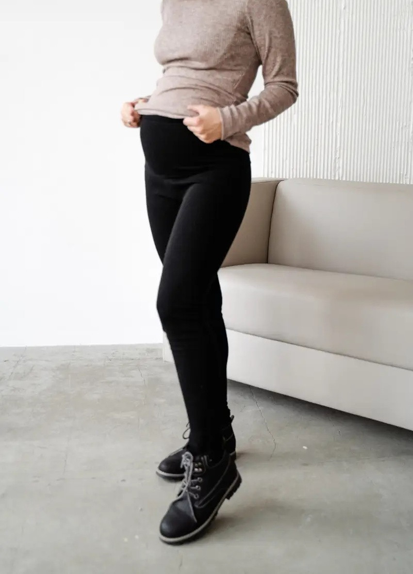 Черные зимние удобные брюки леггинсы для беременных на меху черные с высоким трикотажным животиком To Be